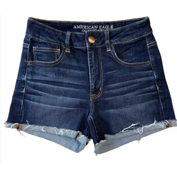 AMERICAN EAGLE Hi-Rise Shortie Super Stretch Rolled Hem Jean Shorts - Size 2 - Picture 1 of 2